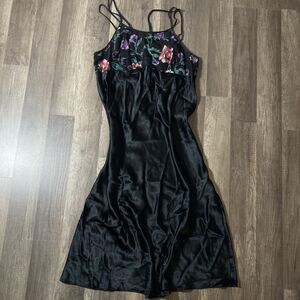 VTG Y2K 90's Fairy Slip Dress L Sheer Velvet Burnout Yoke Whimsigoth Black Satin